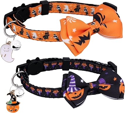 Pack of 2 Halloween Cat Collar, Adjustable Cat Collar with Bow Tie, Separable Ghost Pumpkin Pattern, Cat Collar with Bell, Decoration Accessories for Puppies and Kittens