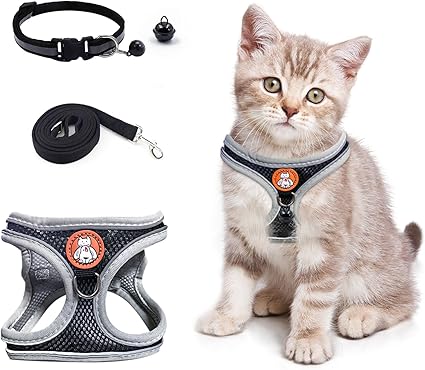 Cat Harness and Lead Set, Adjustable Cat Harness with Cat Lead and Cat Collar with Bell, Reflective Stripes, Vest, Cat Harness, Escape Proof Kitten Harness and Lead Set for Small