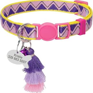 SARUEL Personalised Cat Collar Custom Safety Kitten Puppy Collars with Bell Cute Pet Cats Necklace Accessories Collares para Gatos, Pink and Purple, 20 to 32 cm