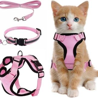 Pink Kitten Harness, Adjustable Soft Cat Harness Set, Cat Harness Kitten with Reflective Strips, Cat Lead with Harness for Cats, Cat Harness for Small, Medium Kittens (XS)
