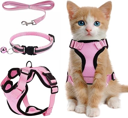 Pink Kitten Harness, Adjustable Soft Cat Harness Set, Cat Harness Kitten with Reflective Strips, Cat Lead with Harness for Cats, Cat Harness for Small, Medium Kittens (XS)