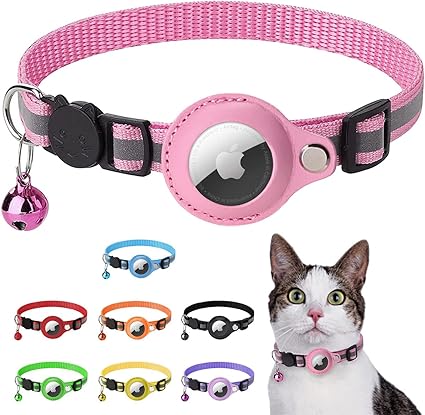 LZXLXS Airtag Cat Collar, Airtag Cat Collar Compatible with Apple Airtag, Reflective Kitten Collar with Holder and Bell for Girls Boys Cats, Pink