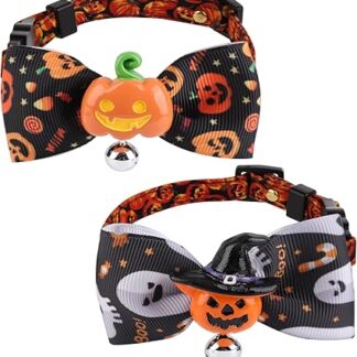 Pack of 2 Halloween Pet Collar, Cute Dog Collar with Bow Tie, Cat Collar with Bell, Dog Collar with Bow, Kitten Collar for Cats and Dogs (Pumpkins and Pumpkins with Hood)