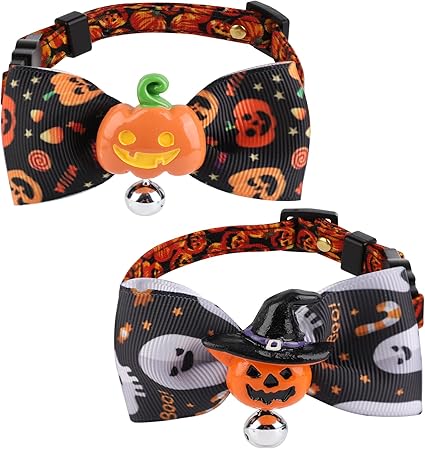 Pack of 2 Halloween Pet Collar, Cute Dog Collar with Bow Tie, Cat Collar with Bell, Dog Collar with Bow, Kitten Collar for Cats and Dogs (Pumpkins and Pumpkins with Hood)