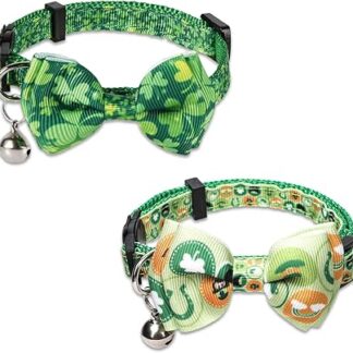 Pack of 2 Cat Collar with Bow, St Patrick's Day Cat Collar with Bell, Pet Collar, Four Leaf Clover Cat Collar for Pet, Christmas, Thanksgiving Gift