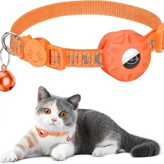 Airtag Cat Collar, Integrated Cat Collar Airtag with AirTag Holder and Bell, Reflective Cat Collar with Breakable Safety Buckle for Kittens Puppies (Orange)