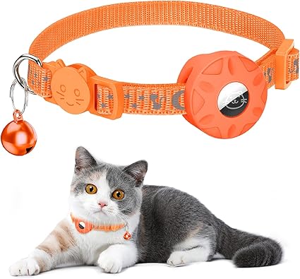 Airtag Cat Collar, Integrated Cat Collar Airtag with AirTag Holder and Bell, Reflective Cat Collar with Breakable Safety Buckle for Kittens Puppies (Orange)