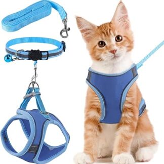 FIHODONE Cat Harness with Cat Lead, Cat Collar, Cat Harness with Lead, Escape Proof, Adjustable Cat Harness with Harness for Cats, Orange with Reflective Strips (M, Blue)
