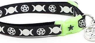Wicca Cat Collar with Occult Pendant and Bell, Witch Cat Collar, Glow in the Dark Cat Collar, Safety Breakaway Collar, Large (10 lbs and above), Black)