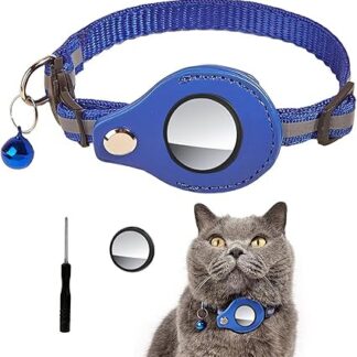 DHWEKU Cat Collar Reflective Air Tag Cat Collar Leather for GPS Tracker Integrated Adjustable Collar, Blue