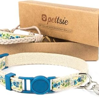Pettsie Cat Collar with Safety Clasp and Friendship Bracelet for Her, ID Tag Included, Strong Cotton, D-Ring for Accessories, Adjustable Size 19-29 cm