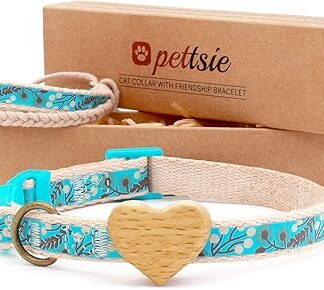 Pettsie Cat Collar with Safety Clasp and Heart Made of High-Quality Beech Wood, Friendship Bracelet for Her, Strong Cotton, D-Ring for Accessories, Adjustable Size 20.3-28 cm, Turquoise