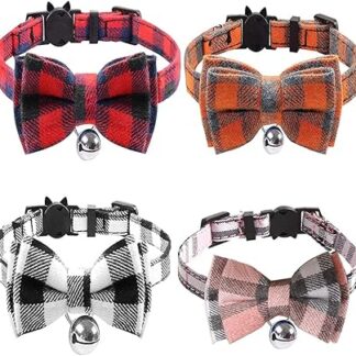 Pack of 4 Adjustable Cat Collars, Cat Collars, Kitten Collars, Puppy Collars, Plaid Safe Pet Collars with Bow Tie and Bell for Kittens, Puppies, Rabbits (4 Colours)