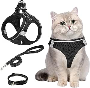 Adjustable Cat Harness, Escape Proof, Cat Harness with Lead, Escape Proof Harness, Collars & Leads for Cats, Breathable Reflective Harness Set for Outdoor Training, Walking (M)