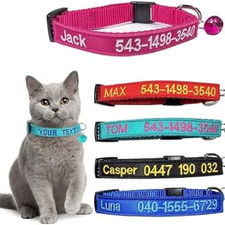 Brillianne Custom Breakaway Cat Collar, Personalised with Bell, Safety Clasp, Embroidered ID Name on Kitten Collar