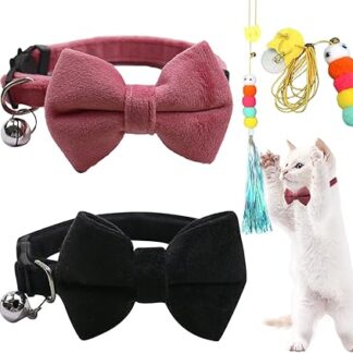 BDSHUNBF Pack of 2 Cat Collars with Bell and Bow Tie, Cat Collars with Safety Clasp, Adjustable Kitten Collars, with a Cat Toy (Pink Black)