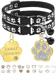 CAMAL Pack of 2 Cat Collars + 2 Dog Tags with Engraving, Cat Collar with Name, Adjustable Neck Bands for Cats and Puppies 19-32 cm (Black)