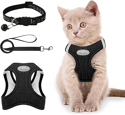 Muecleao Cat Harness, Adjustable Cat Harness with Lead for Cats, Soft Harness Cat Collar, Cat Harness, Escape Proof, Adjustable Cat Vest for Cats (Black, XXS)