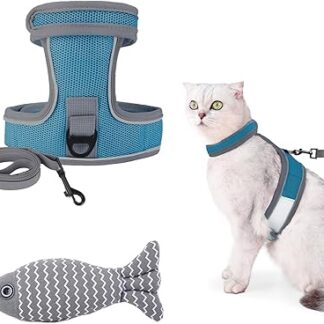 Katzengeschirr und Leine, Set mit Katzenminze, Spielzeug, Fisch, verstellbar, ausbruchsicher, Kätzchengeschirr für große und kleine Katzen, 140 cm dicke Katzenleine, Nachtreflektierende Streifen,