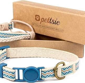 Pettsie Cat Collar with Safety Clasp and Friendship Bracelet for Her, Strong Cotton, D-Ring for Accessories, Adjustable Size 19-29 cm, Blue