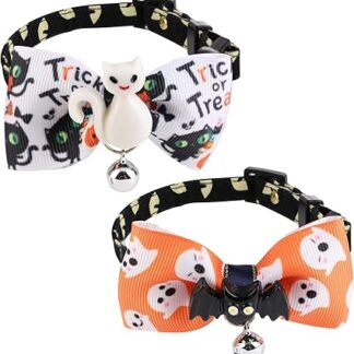 Pack of 2 Halloween Pet Collar, Cute Dog Collar with Bow Tie, Cat Collar with Bell, Dog Collar with Bow, Kitten Collar for Cats and Dogs (Bat and White Cat)