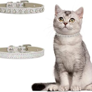 URROMA Silver Leather Rhinestone Cat Collar, 2 Pieces, Pet Bling Rhinestone Collar, Adjustable, Glittery, Classic, for Small Dogs and Cats, S