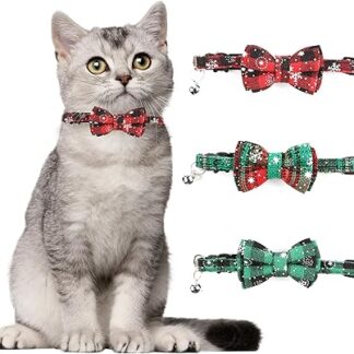 Pack of 3 Christmas Cat Collar Adjustable, Red Green Checked Snowflakes Cat Collars with Bow Tie & Bells Christmas Cat Costume Accessories Accessories, Easy to Wear and Remove