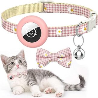 Hacintre Cat Collar Airtag Reflective with Bell, Name and Phone Number Can Be Specified GPS Tracker Collar Case Cat Adjustable (Pink Checked x 1)