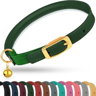 OOPSDOGGY Rolled Leather Cat Collar with Bell - Reflective Kitten Collar with Safety Elastic - Adjustable Small Pet Collars for Boys Girls Cats (Green)
