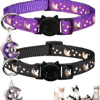 Breakaway Cats Collars with Bell Moons Stars Adjustable Kitten Collars with Pendant Glow in The Dark (Purple + Black)