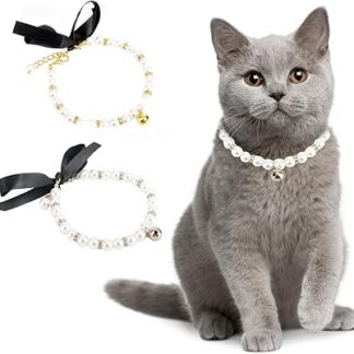 Ranphy Pet Imitation Pearl Necklace with Small Bell Round Beads Collar Pet Fancy Pearls Accessories with Bling Rhinestones for Small Pet Cat Wedding Collar Jewelry, Silver, S