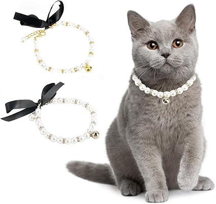 Ranphy Pet Imitation Pearl Necklace with Small Bell Round Beads Collar Pet Fancy Pearls Accessories with Bling Rhinestones for Small Pet Cat Wedding Collar Jewelry, Silver, S