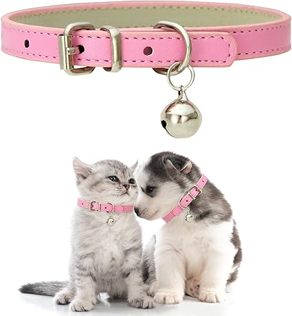 Cuayaes Puppy Collar for Kittens, Pink Kitten Collars, Adjustable Puppy Collars, Cat Collar with Bell, Soft Leather Collar for Small Dogs and Cats