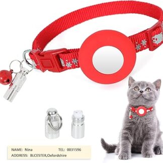 Christmas Cat Collar with AirTag Holder, Reflective Cat Collar with Bell, Name Address Pendant, Safety Clasp, 20-32 cm Collar Gift for Male Female Kittens Puppies