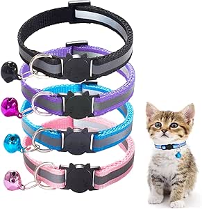 Pack of 4 Cat Collars with Safety Clasp, Adjustable Reflective Kitten Collars with Bell