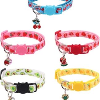 Pack of 5 Cat Collars with Bells Adjustable Cat Collars 18-30 cm Collar Cat Safety Clasp Quick Release Pet Collar Summer Fruit Type for Kittens Puppies Small Dogs