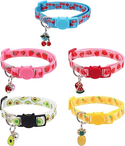 Pack of 5 Cat Collars with Bells Adjustable Cat Collars 18-30 cm Collar Cat Safety Clasp Quick Release Pet Collar Summer Fruit Type for Kittens Puppies Small Dogs