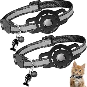 Diyife Airtag Cat Collar, [Pack of 2] Reflective GPS Lightweight Tracker Cat Collars with Airtag Case, Quick Release, Bell, 20-33 cm Adjustable for Cats Kittens, Black