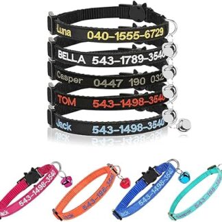 Personalised Cat Collars with Bell, Custom Safety Buckle for Cat Collars, Embroidered ID Name on Kitten Collar with Bell (Black)