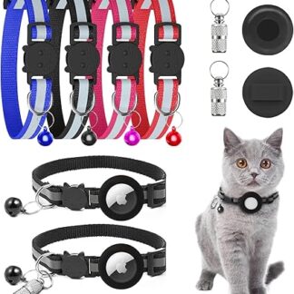 KitoLee Airtag Cat Collar, Cat Collar Reflective Cat Collar with Bell (4 Colours and 2 Pieces Apple Airtag Cat Collar Holder and 2 ID Tags)