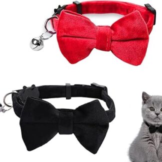Pack of 2 Personalised Cat Collars, Cat Collar with Bell and Bow Tie, Personalised Pet Accessories for Pets, Cats, Puppies (Black, Red)