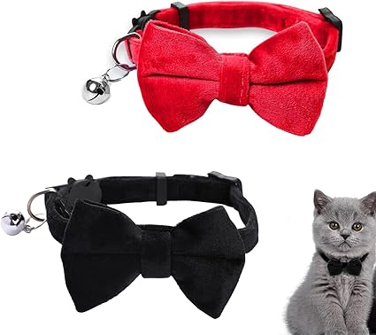 Pack of 2 Personalised Cat Collars, Cat Collar with Bell and Bow Tie, Personalised Pet Accessories for Pets, Cats, Puppies (Black, Red)