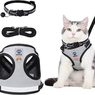 Adjustable Reflective Cat Harness with Lead, Escape Proof, Grey Cat Harness, Escape Proof, Breathable Cat Harness Set with Lead for Outdoor Training Walking, Soft Inner Lining