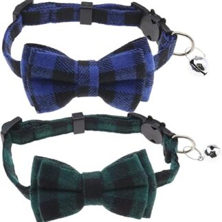 Dog Collars with Bell and Bow Tie, Cute Plaid Collar with Soft Comfortable Bow and Adjustable Buckle for Dogs, Cats, Pets, Blue, Green, Small