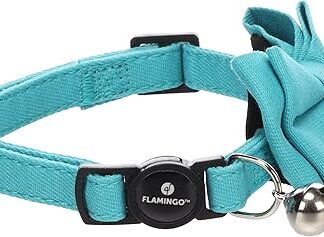 Flamingo Lomi Collar with Bow Light Blue - 20-35 cm x 10 mm x 2 mm, with Removable Bow and Cat Ribbon for Cats
