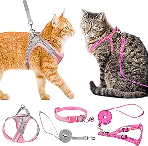 TYXHXTF Pack of 3 Cat Harness with Lead, Escape Proof, Adjustable Cat Harness, Cat Lead with Harness for Cats, Kittens, Dogs, Puppies, Soft Harness, Breathable Cat Lead, Pink, XS