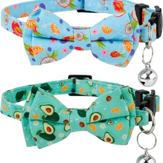 Pack of 2 Summer Cat Collars, Cute Fruits Cat Collar with Bow Tie and Bell, Adjustable Soft Cat Collar with Bow Tie with Dragon Fruit, Avocado Pattern for Kittens (Blue, Green)