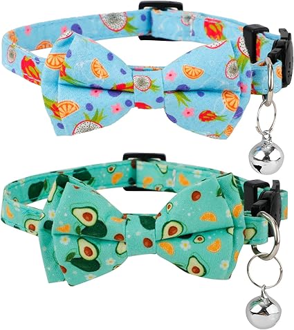Pack of 2 Summer Cat Collars, Cute Fruits Cat Collar with Bow Tie and Bell, Adjustable Soft Cat Collar with Bow Tie with Dragon Fruit, Avocado Pattern for Kittens (Blue, Green)