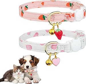 BelleVive 2 Pack Cat Collars Cotton with Removable Collar, Pink Strawberries and White Heart Shaped Pendant, Cute Cat Collar with Bell, Ideal for Cats and Dogs