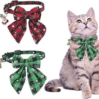 Christmas Cat Collar, Pack of 2, Adjustable Kitten Collar with Adorable Bells and Snowflakes, Patterned Bow Ties, Pet Tie with Bow, Christmas Pet Accessories